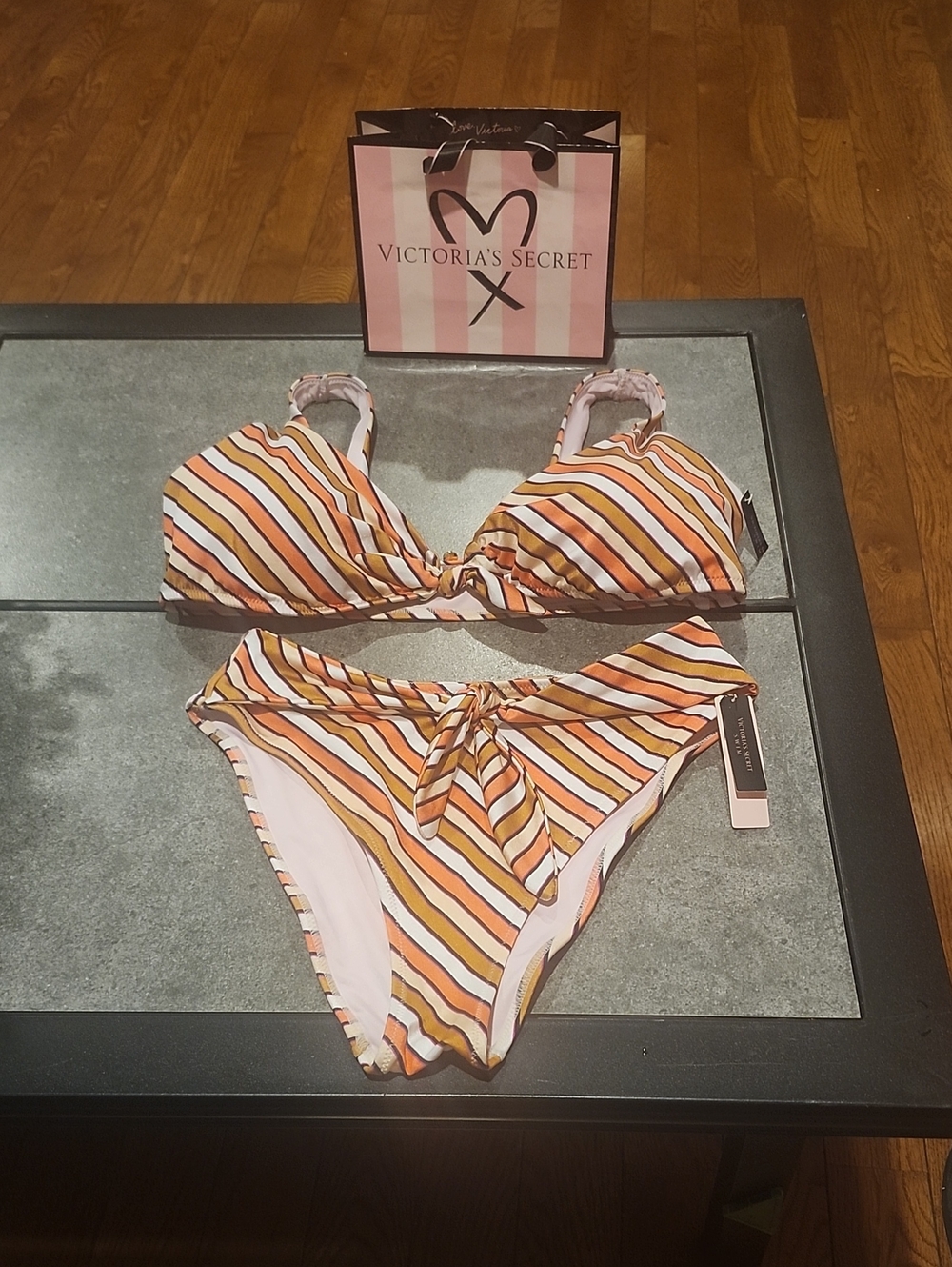 Victoria's Secret Striped Tie-Front Bikini Set - Pink, Orange, Brown
